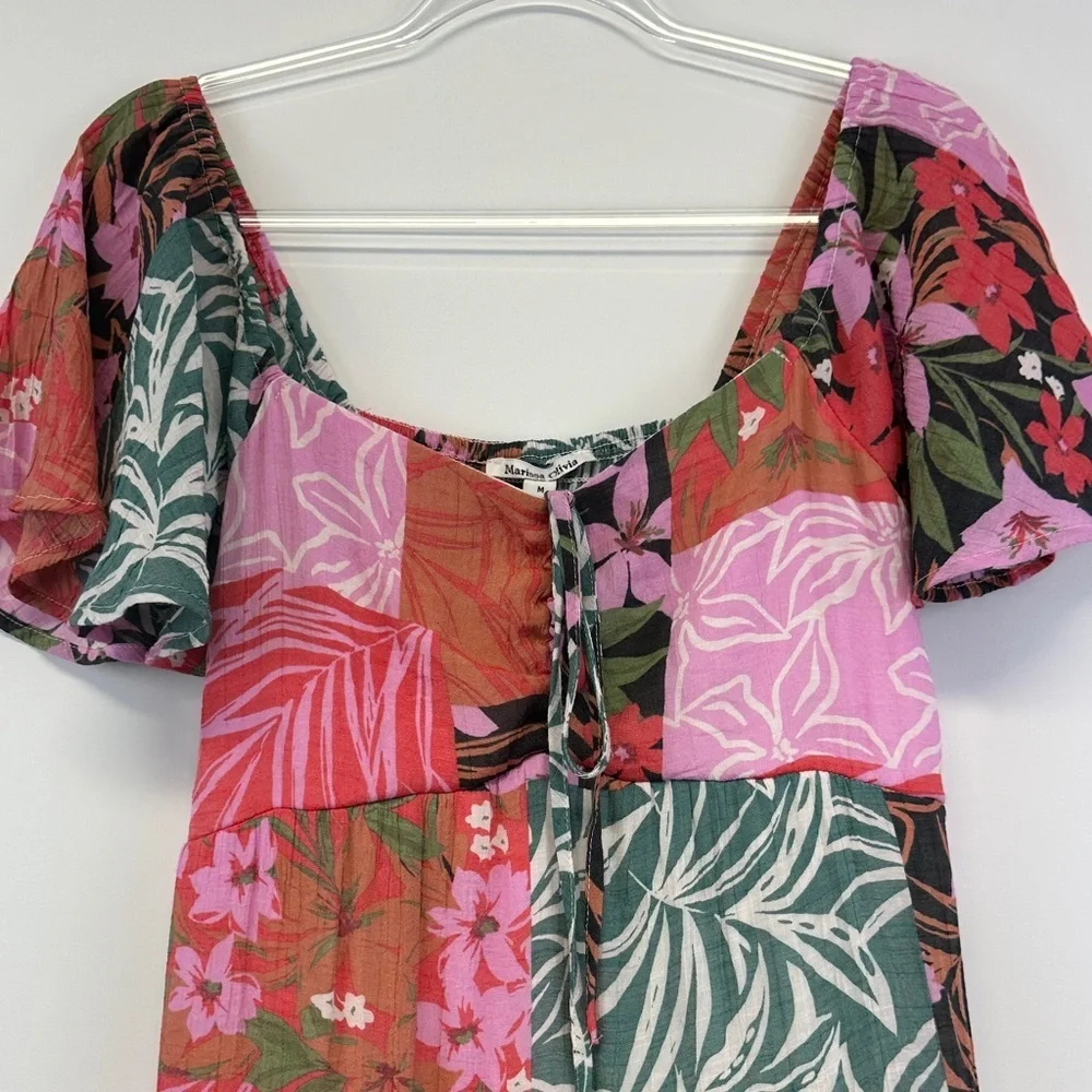Marissa Olivia Patchwork Floral Tie Front Mini Dress Boho Cottagecore M